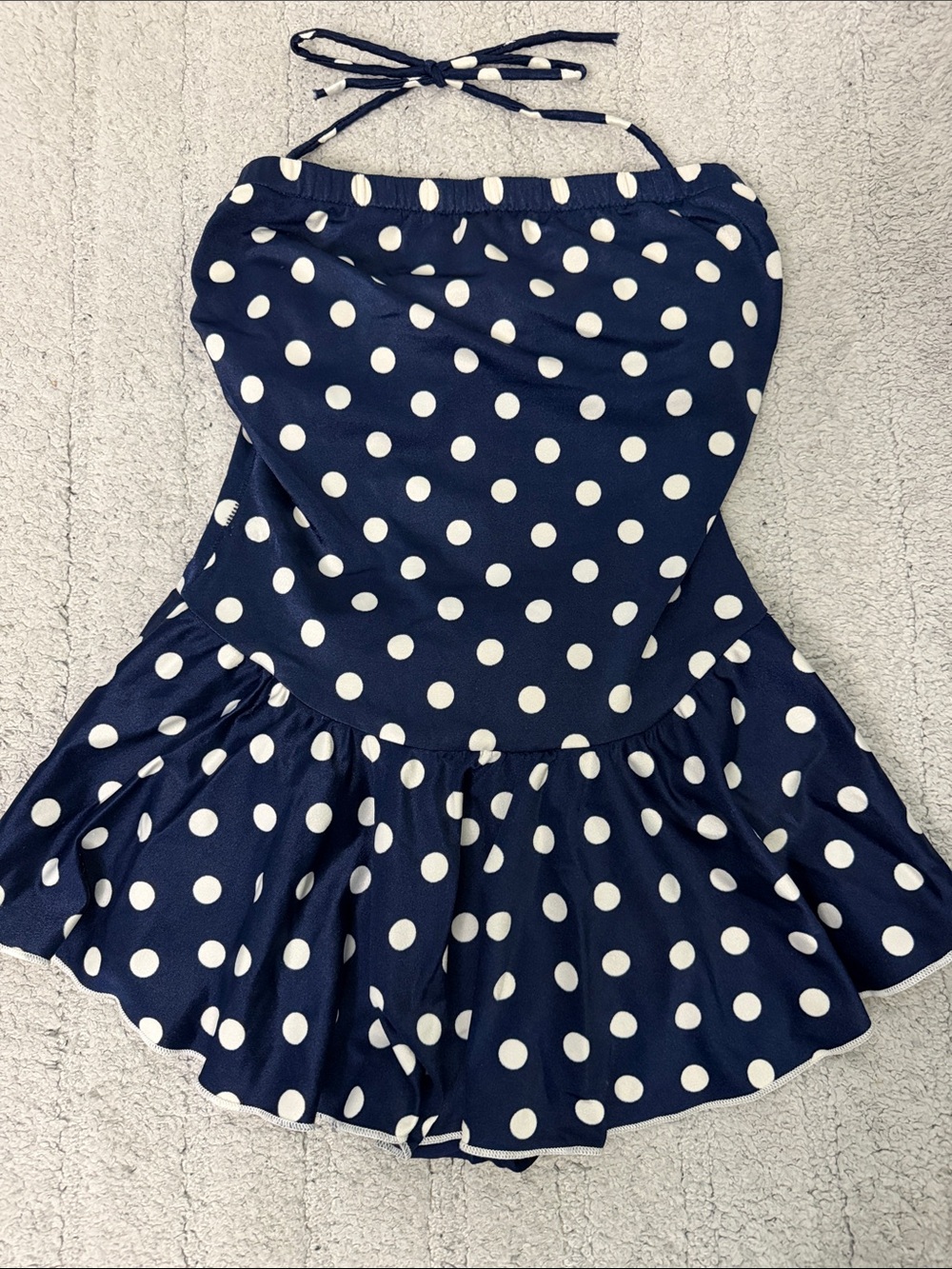 VTG Sirena Swimdress - Navy Blue Polka Dot Halter from 70’s or 80’s- Size 10